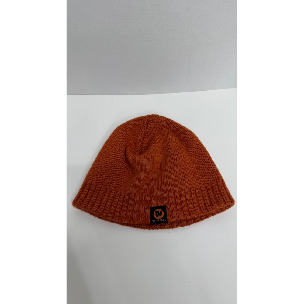 Merrell Burnt Orange Knit Beanie Wool Blend Ribbed Cuff Logo Patch Hat One Size